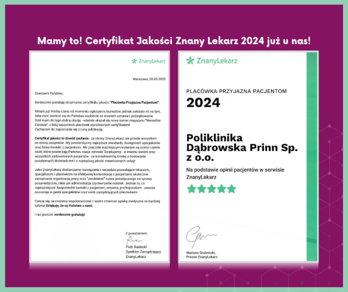 Certyfikat Jakości Znany Lekarz 2024 dla Polikliniki